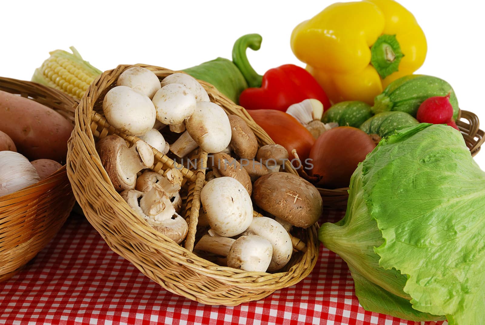 Farmer market stand with rich variety of fruits and vegetables  including  potatoes, onion, corn, lettuce, garlic, squash, sweet pepper  and mushrooms on red-white tablecloth
