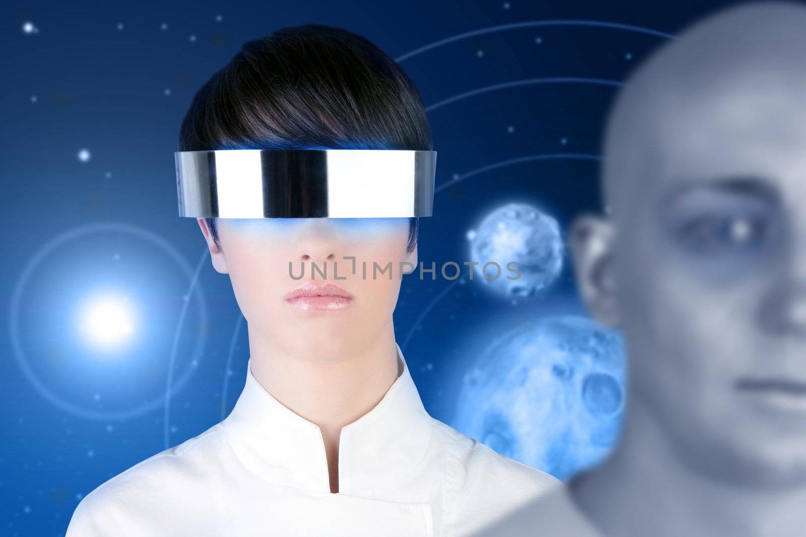 silver futuristic glasses android woman portrait space planets blue background