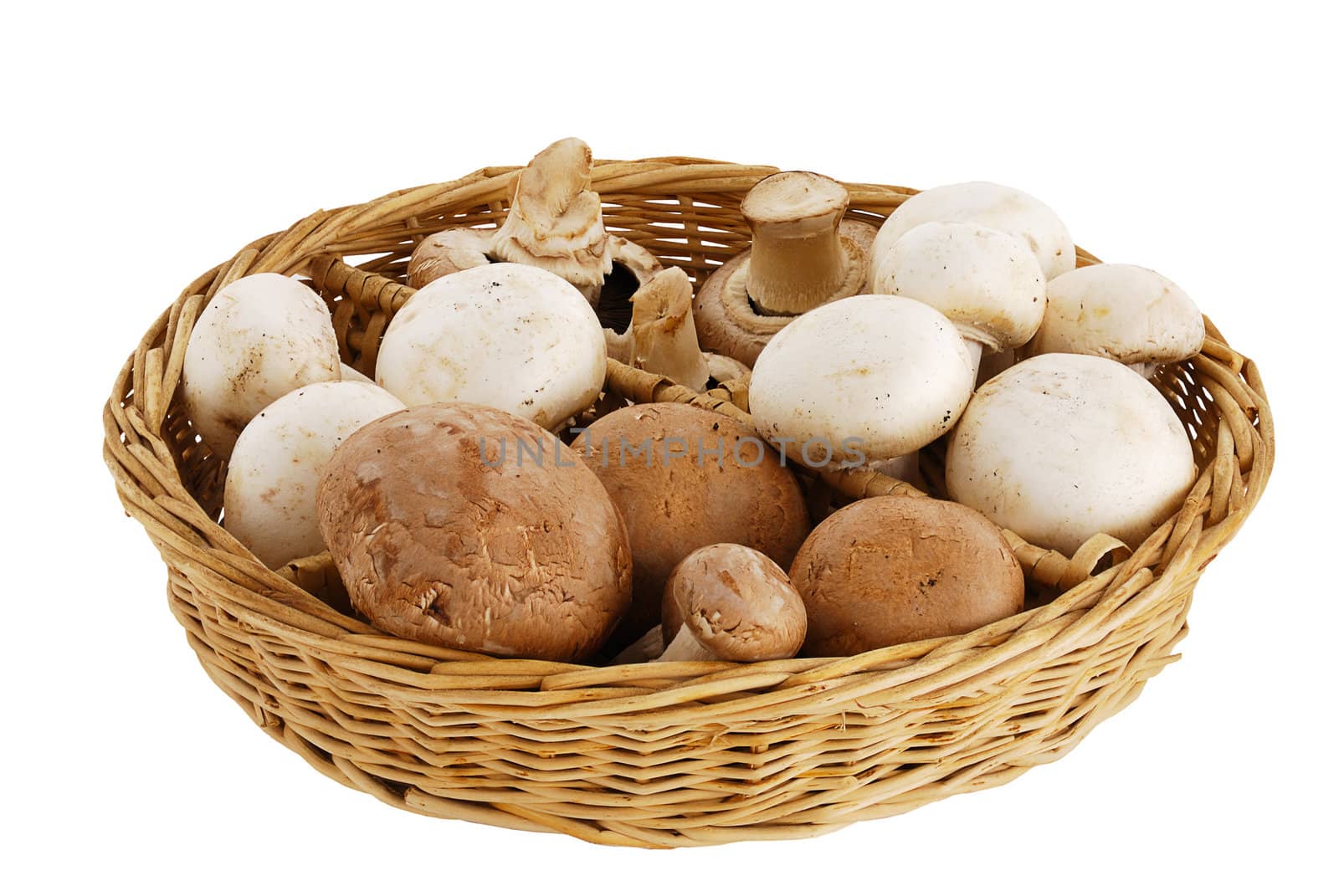 Champignon and portobello mushroom mix in straw basket isolated on white background