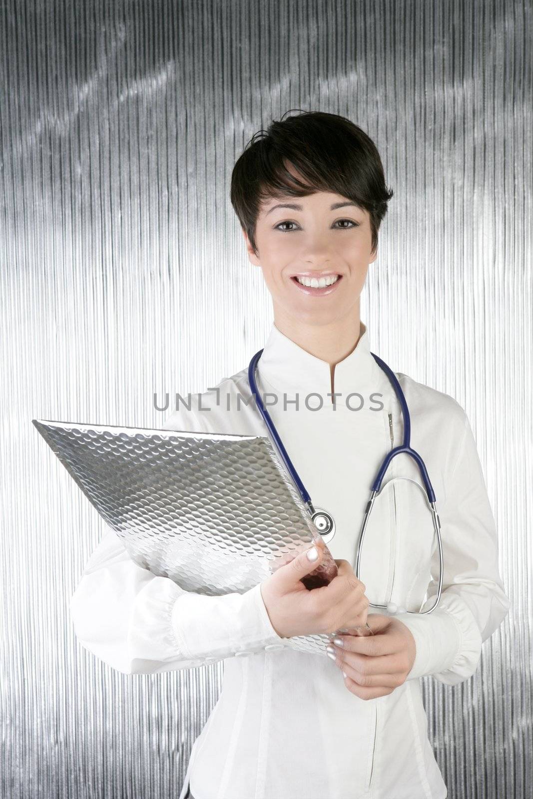 modern future doctor woman stethoscope and silver folder