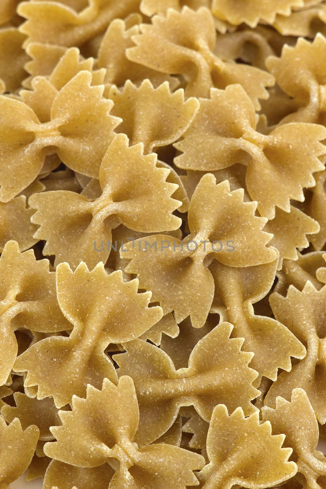 whole grain farfalle pasta close up by miradrozdowski