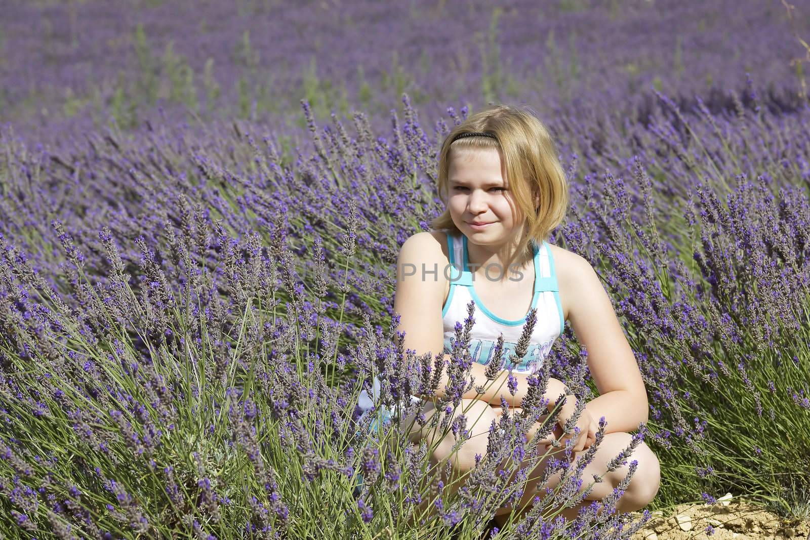  little girl in a lavender field  by miradrozdowski