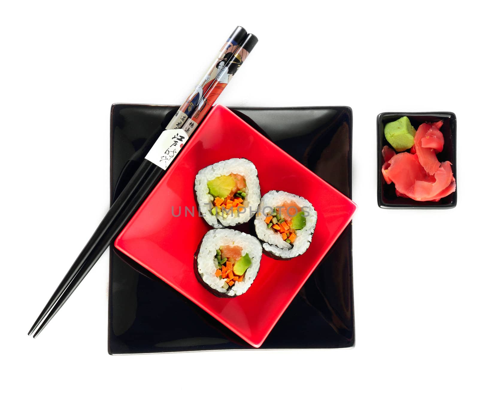 Sushi on black plate on the white background