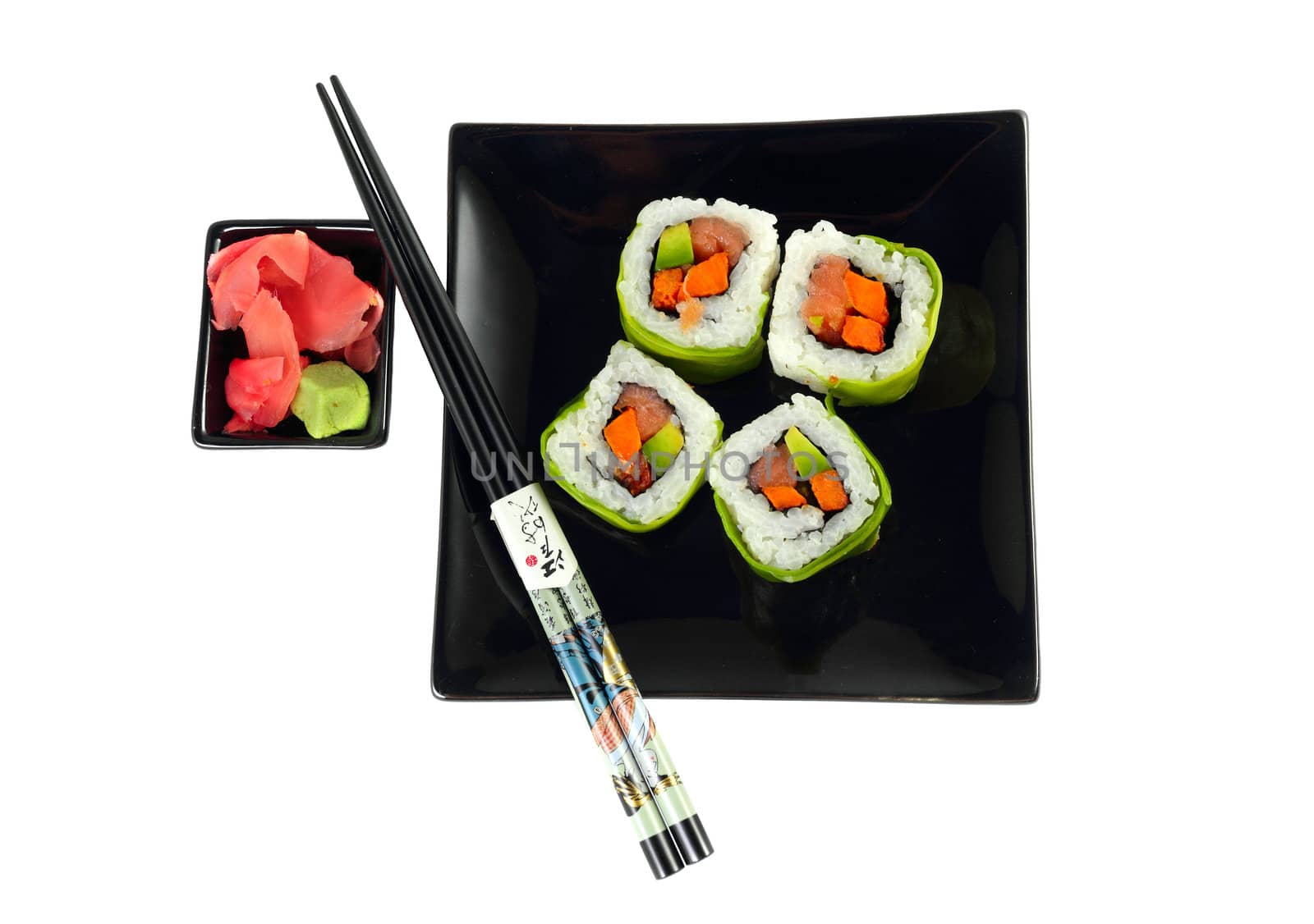 Sushi on black plate on the white background