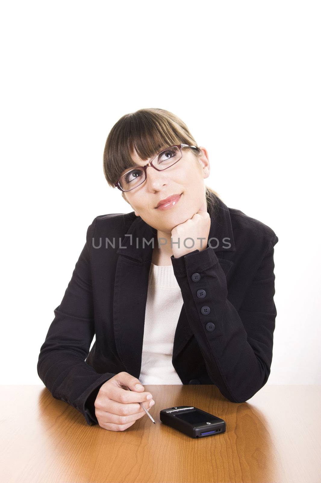 Beautiful business woman with a Pda over a white background