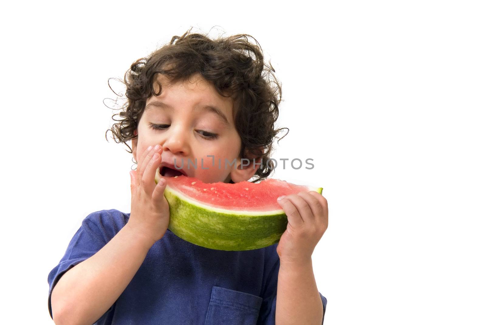 boy and watermelon isolated on white