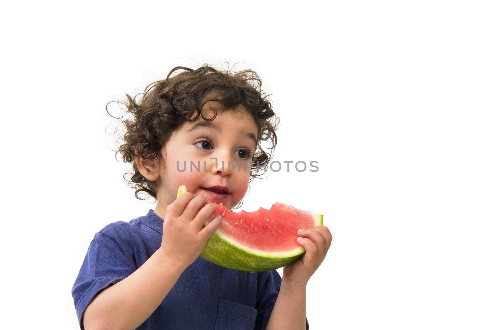 boy and watermelon isolated on white