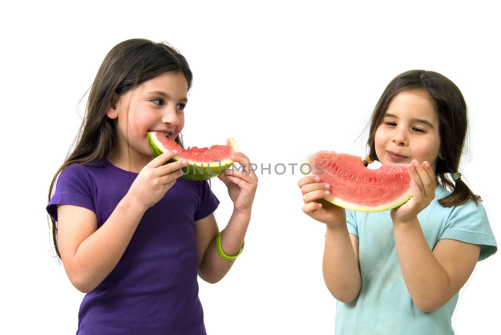 Two girls Watermelon isolated on white background
