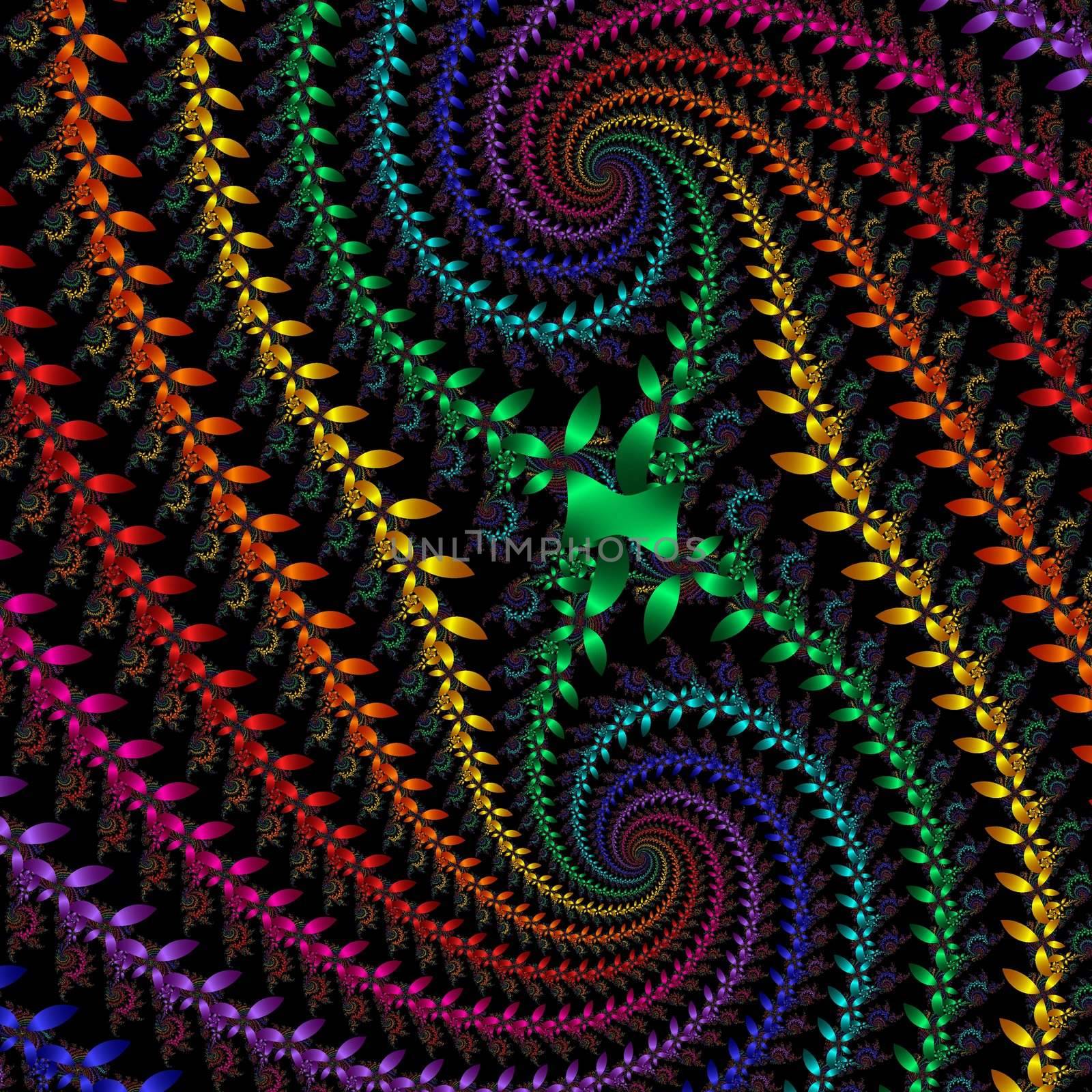 multi colored double spiral over black background formed bymany flowers