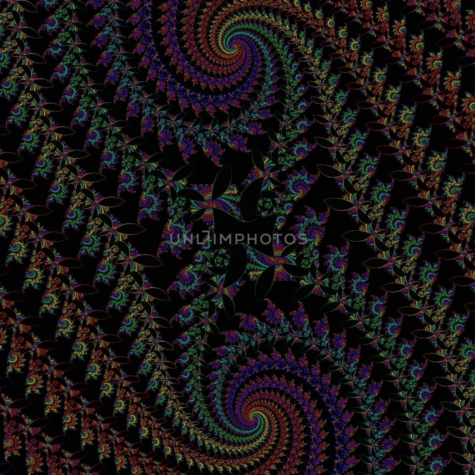 multi colored double spiral over black background formed by many flowers