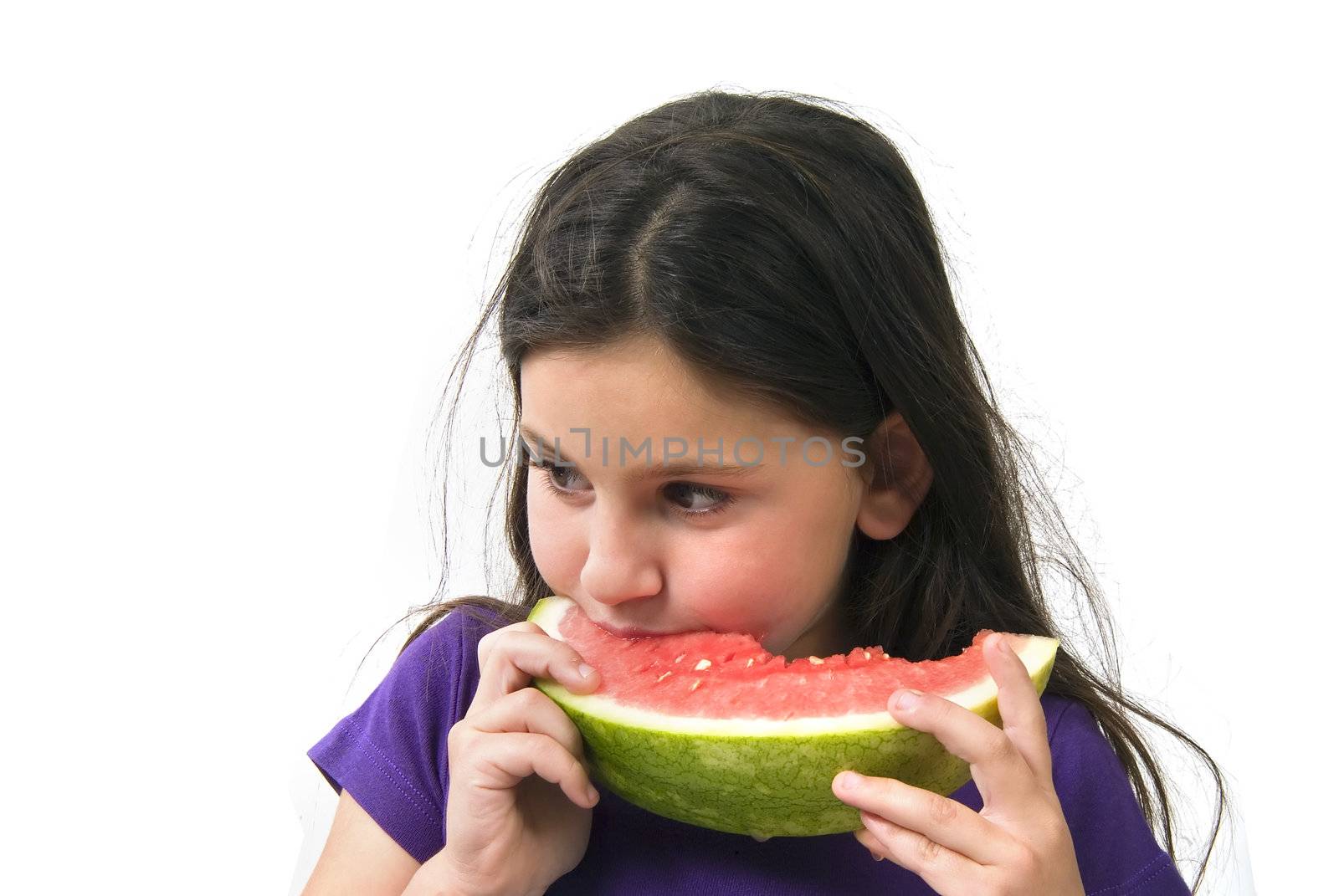 girl eating Watermelon isolated on white background