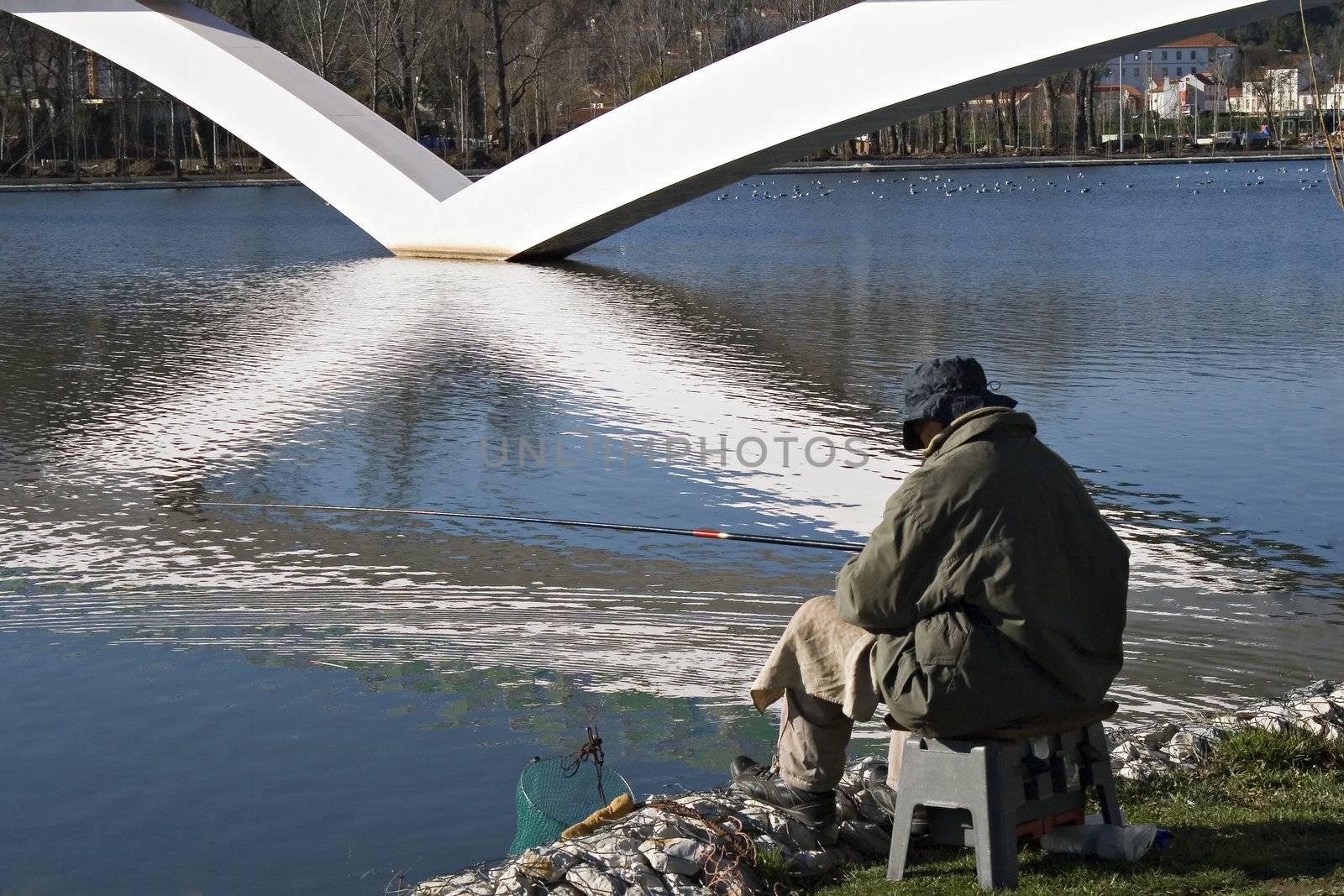 Fisherman into the lake
