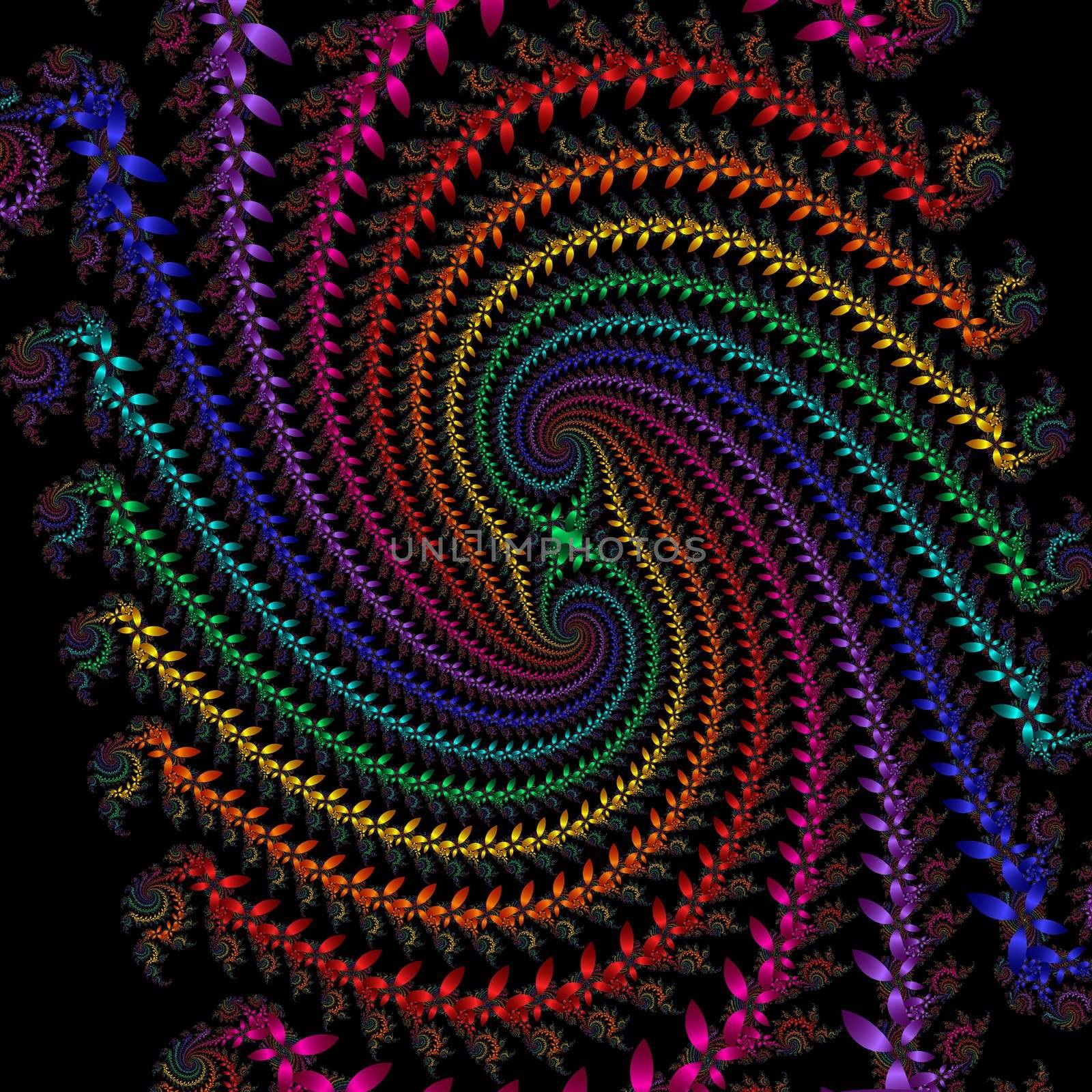 multi colored double spiral over black background formed bymany flowers