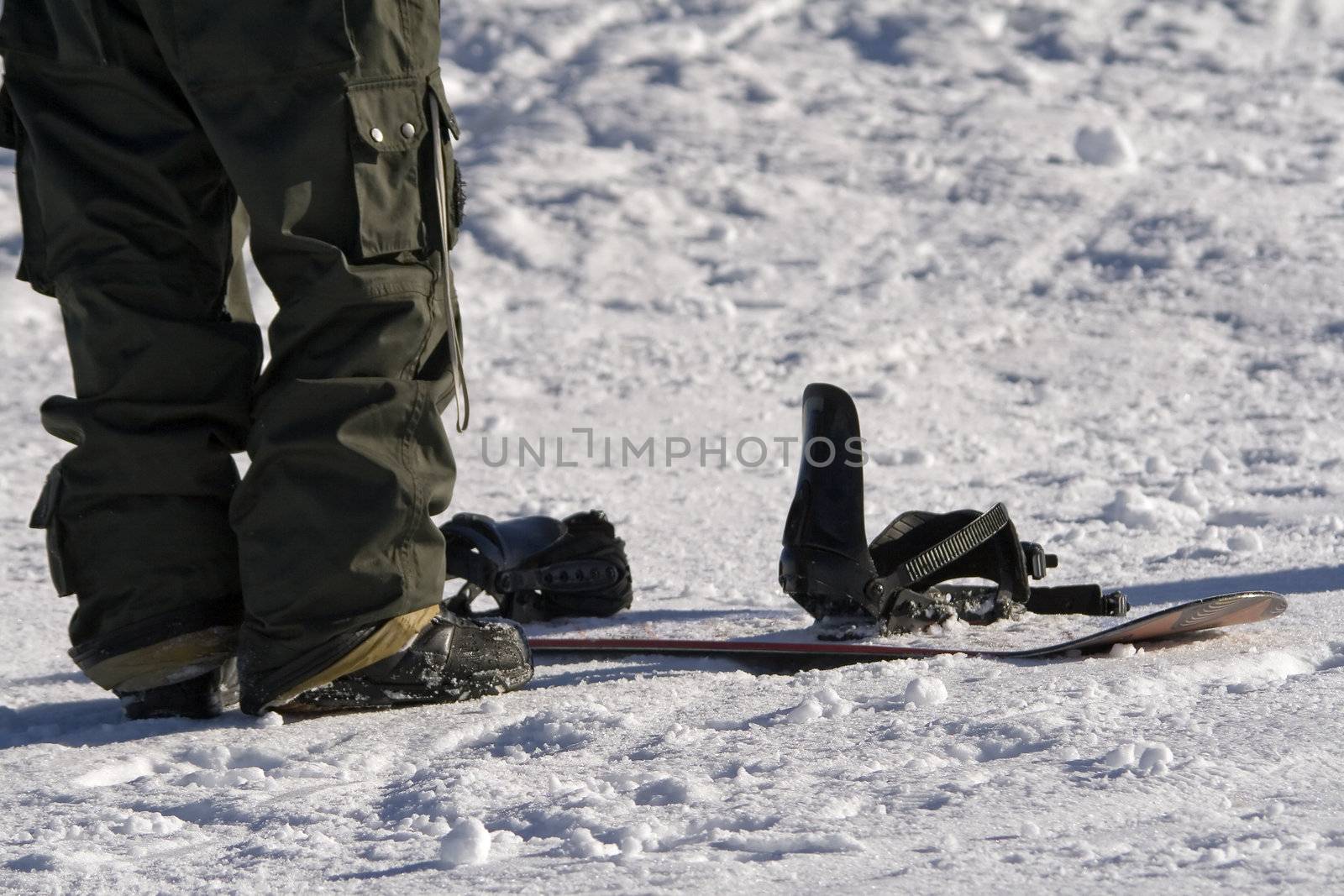 Detail of the feet of snowbord men