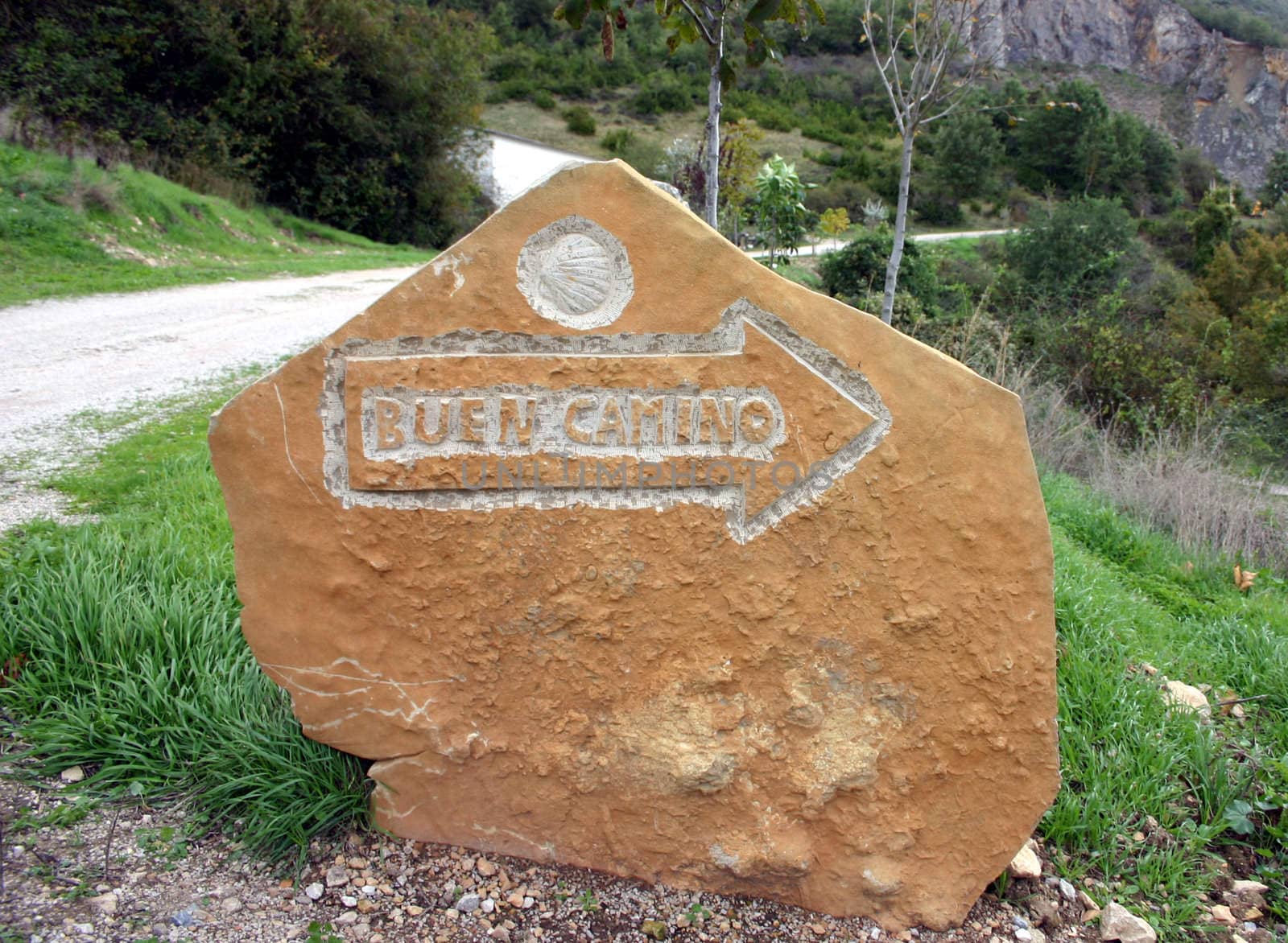 handmade sign of the Camino de Santiago, long distance foot pilgrimage, Navarra, Spain, Europe