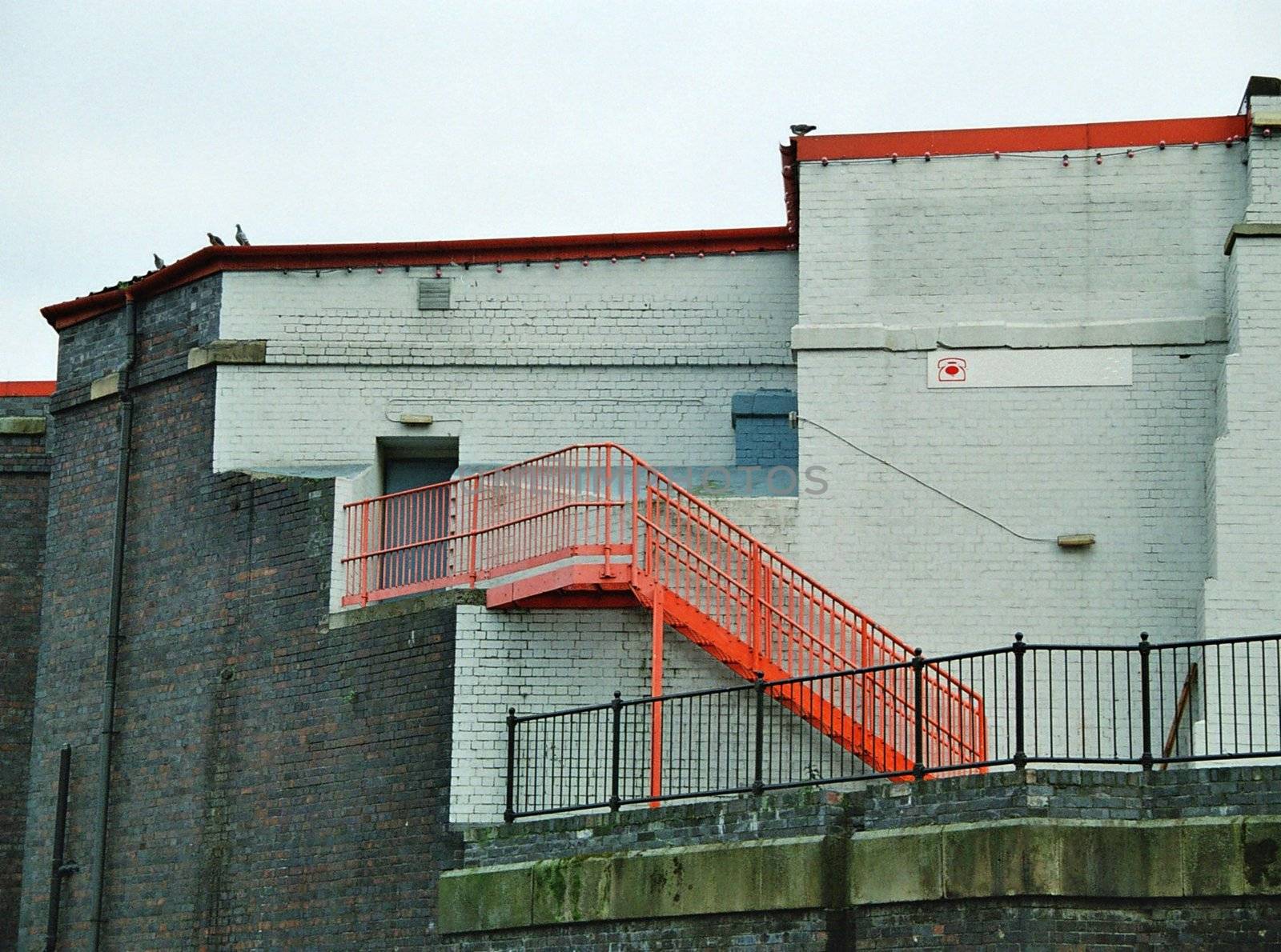 orange staircase, fire exit