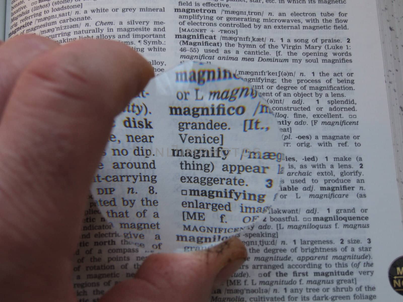 Close up on the word magnify through a magnifying glass