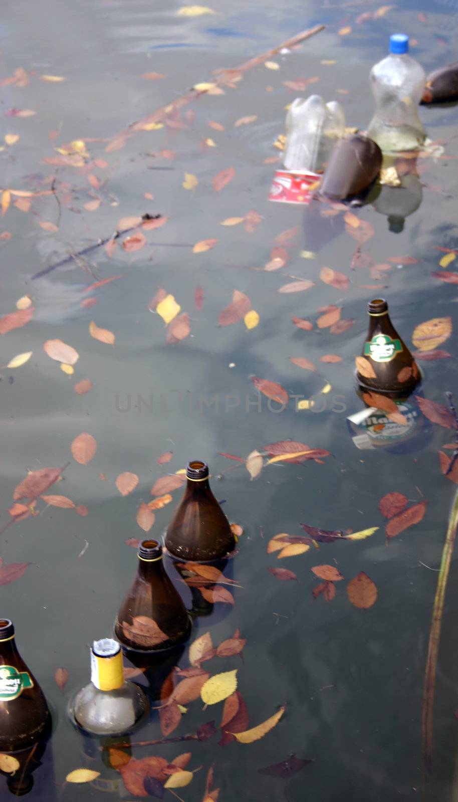 empty bottles drifting in water, concept: pollution