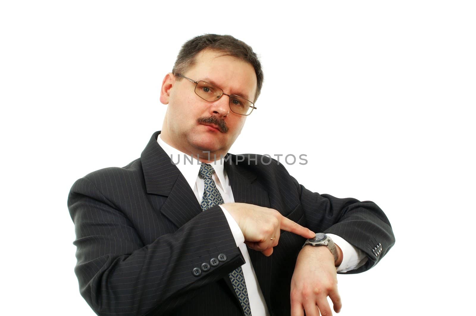 Business men show one's watch isolated on white background.