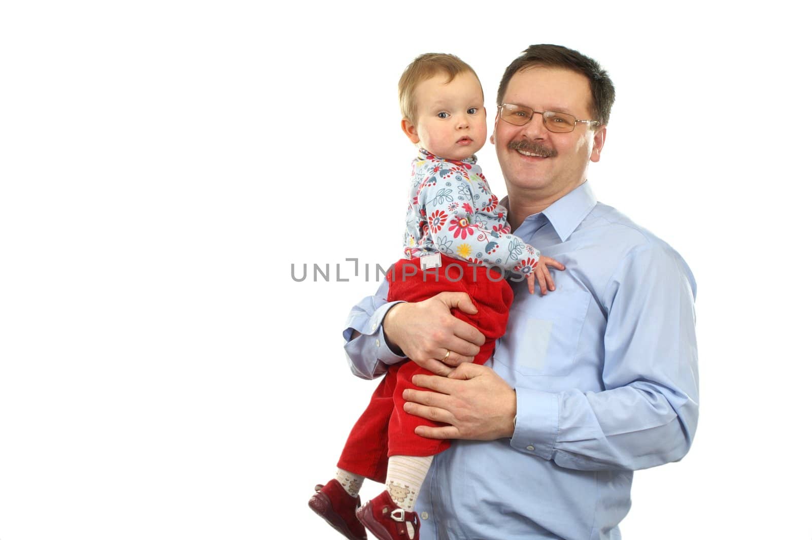 Baby girl with father isolated on white