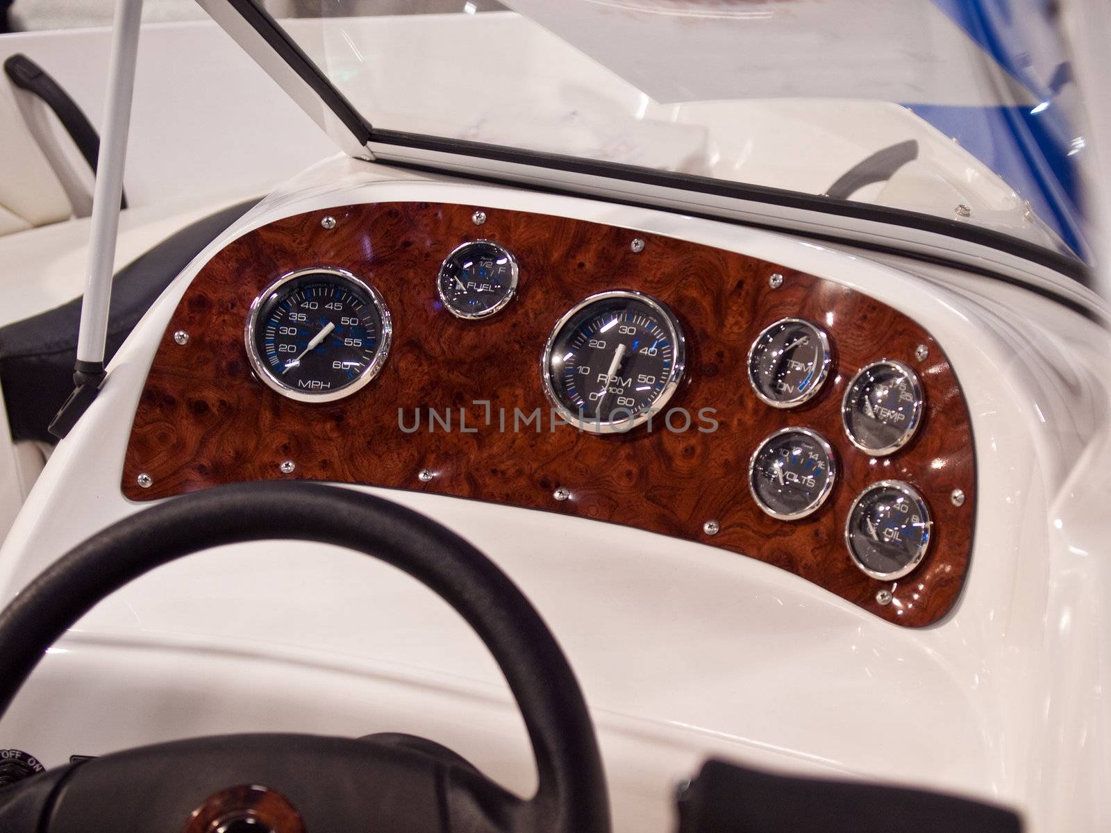 Details of dashboard instruments panel of a speedboat