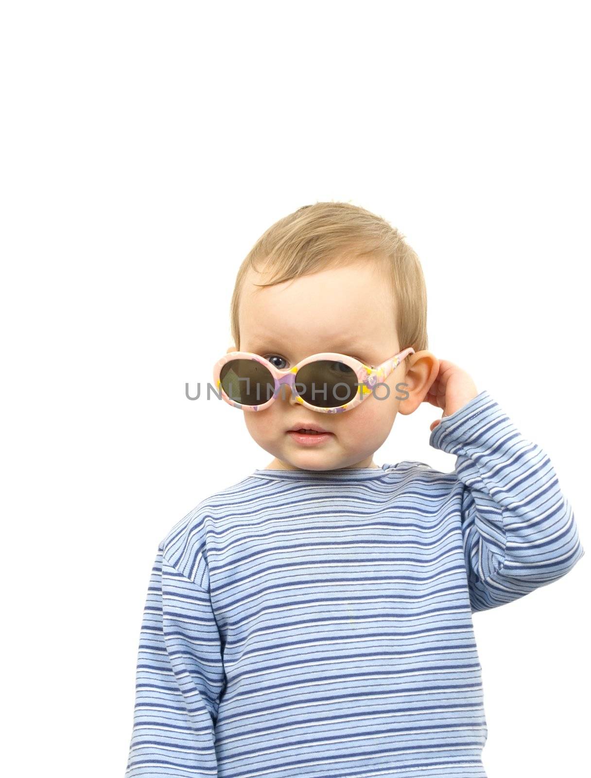 Young girl with sunny glasses isolated on white background