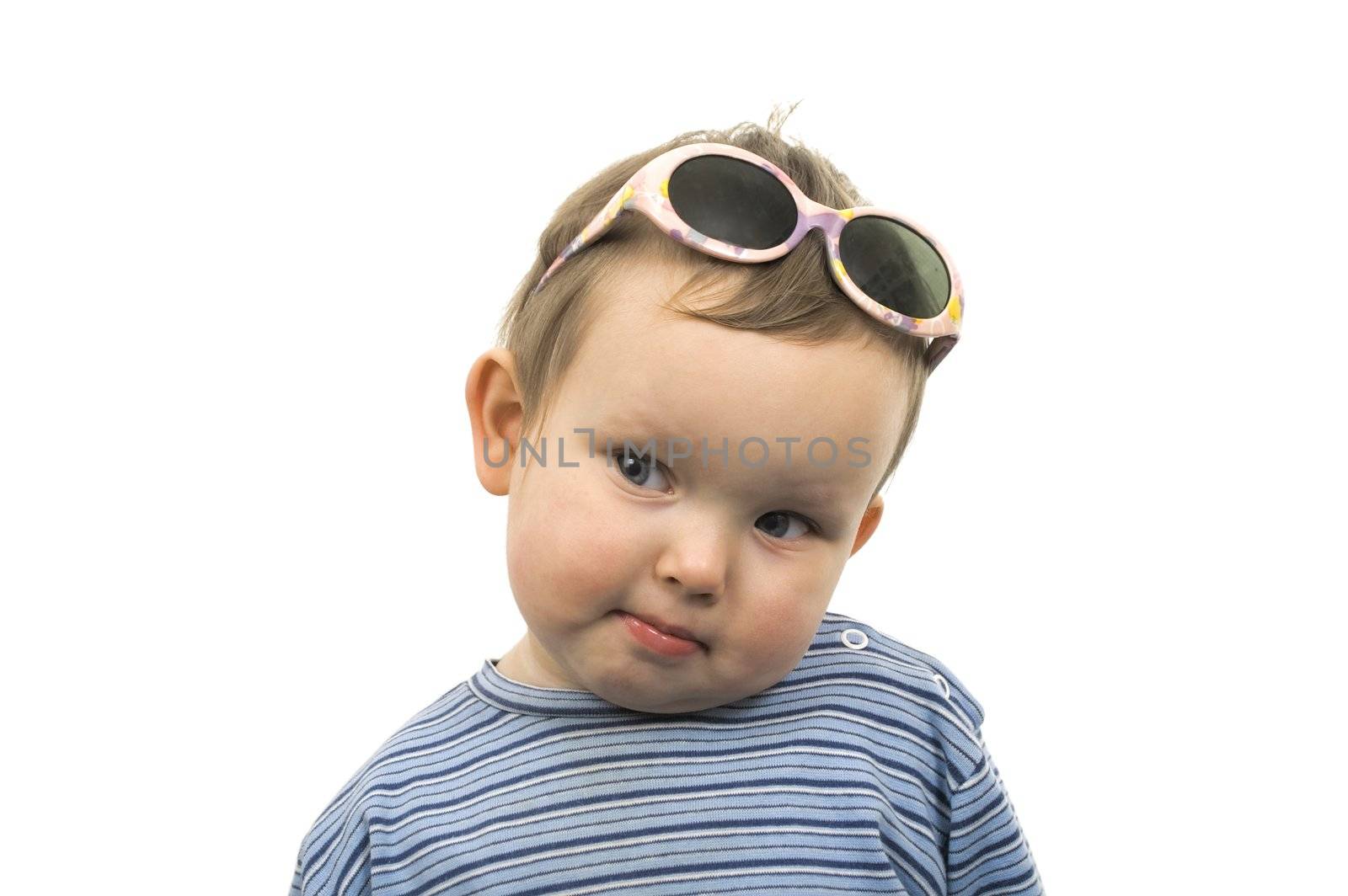 Young girl with sunny glasses isolated on white background