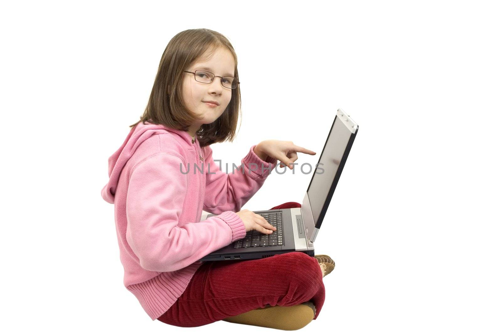 Young girl play of laptop isolated on white background