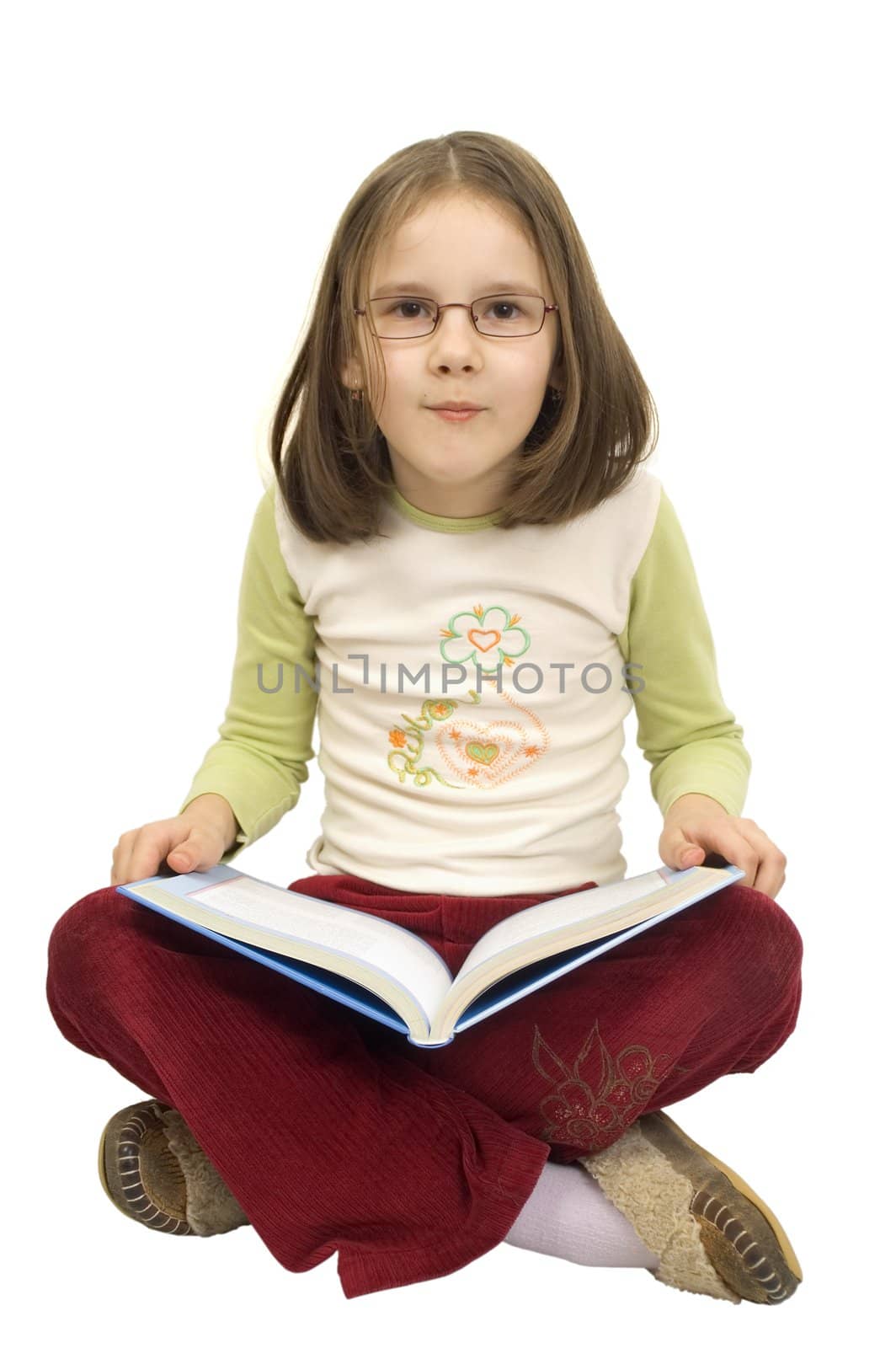 Young girl read book isolated on white background