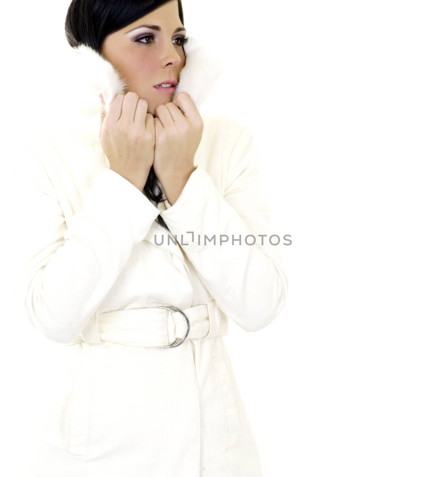 A beautiful model on an isolated white background. Looking at body copy on the right.