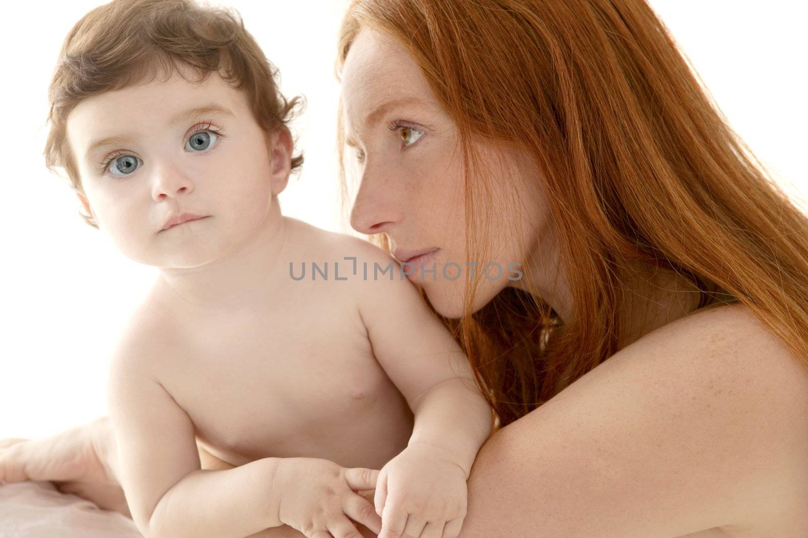 nude baby and mother portrait hug playing white background