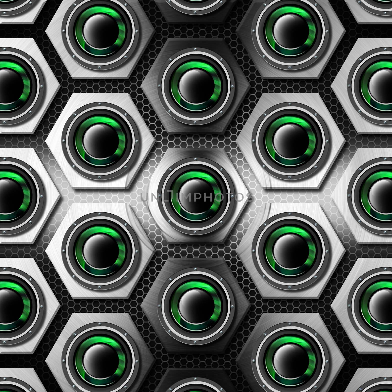 Gray background with metallic hexagons with black and green acoustic system
