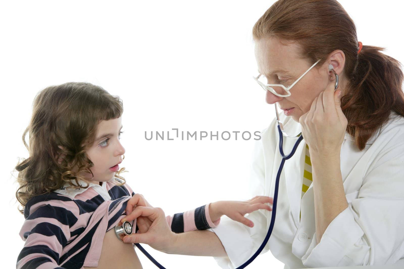 Pediatrician woman doctor stethoscope medical exam little girl