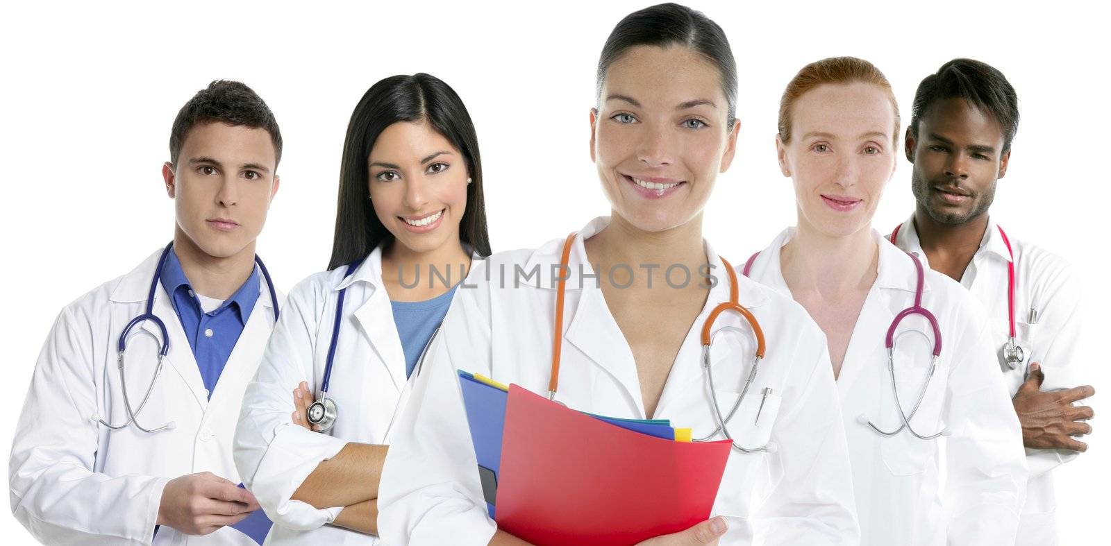 Doctors team group in a row on white background men and women doctor
