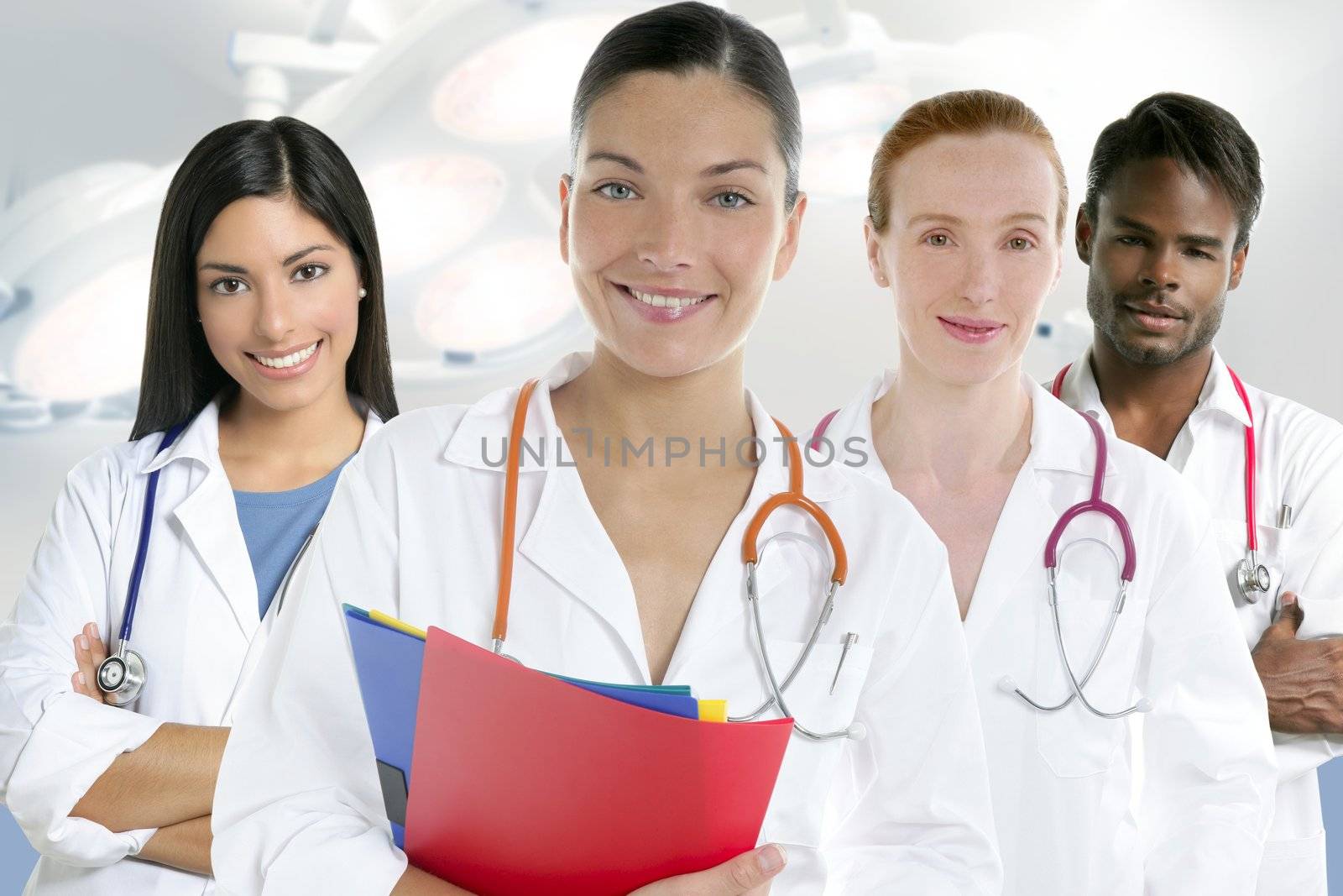 Doctors team group in a row white background by lunamarina