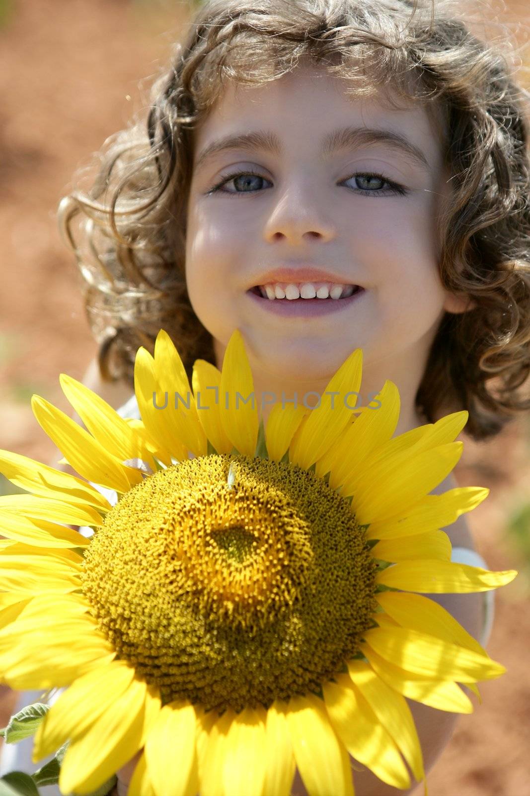 Beautiful little girl in a summer sunflower colorful field