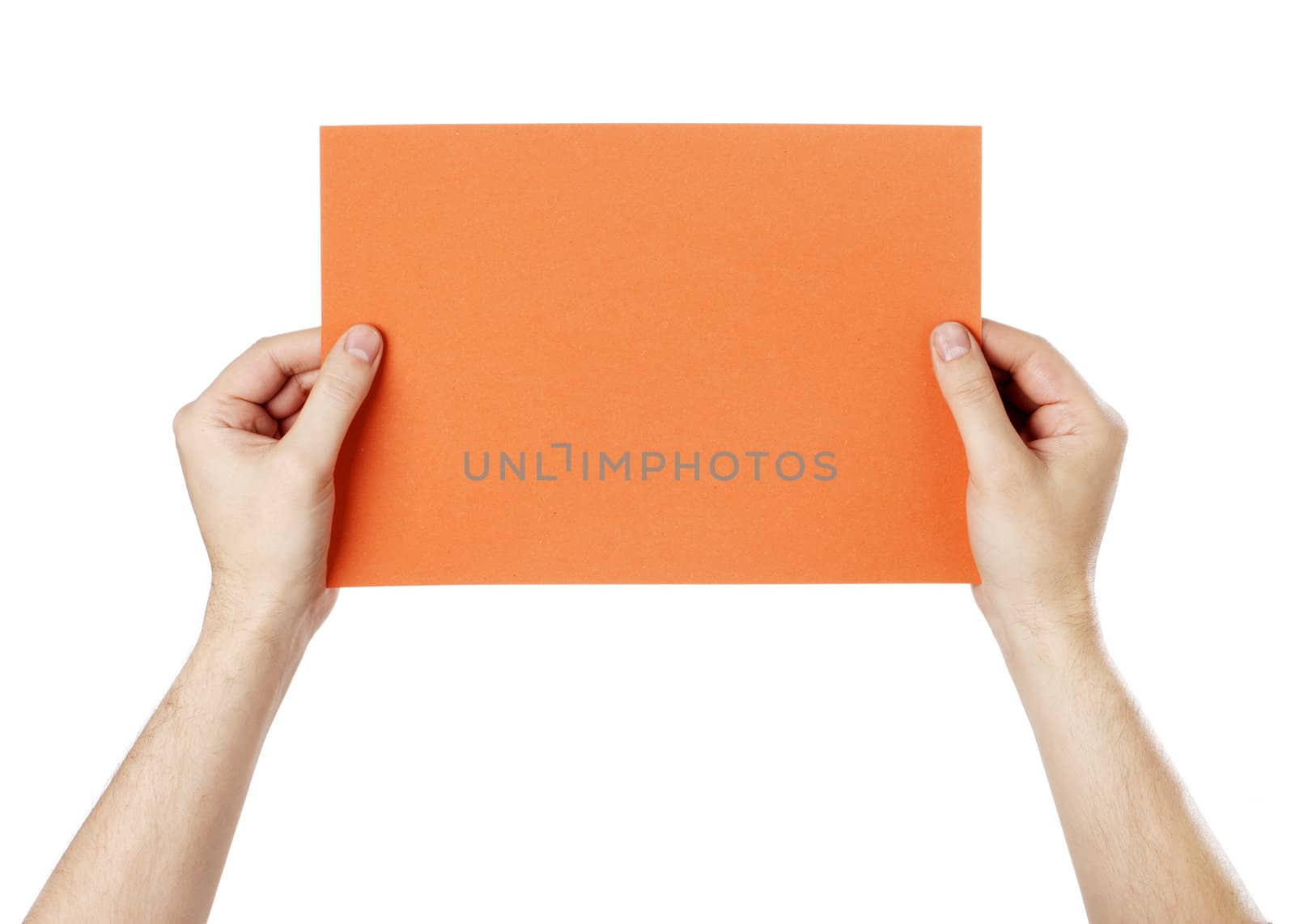 Man holding a blank orange paper against white background.