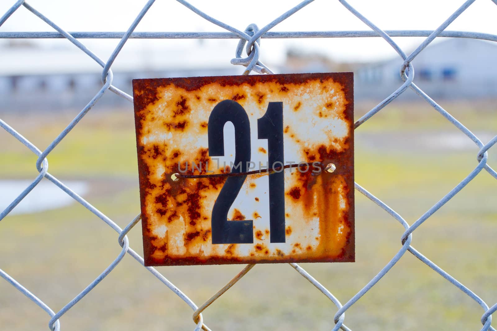 A series of rusted old signs or tags are attached to this chain link fence with orange and white rust and the numbers clearly visible.