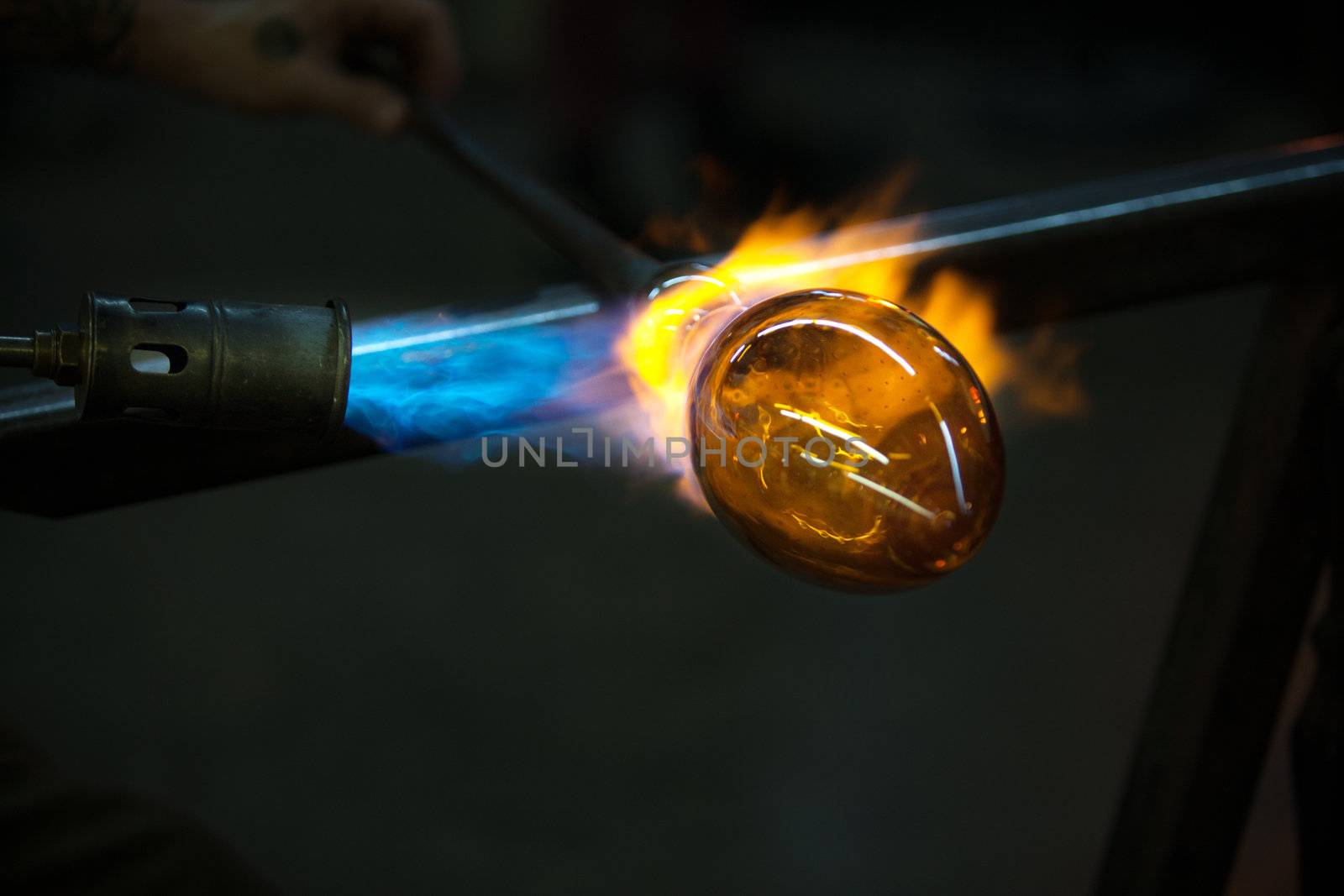 Close up of flame from blowtorch on new glass art piece