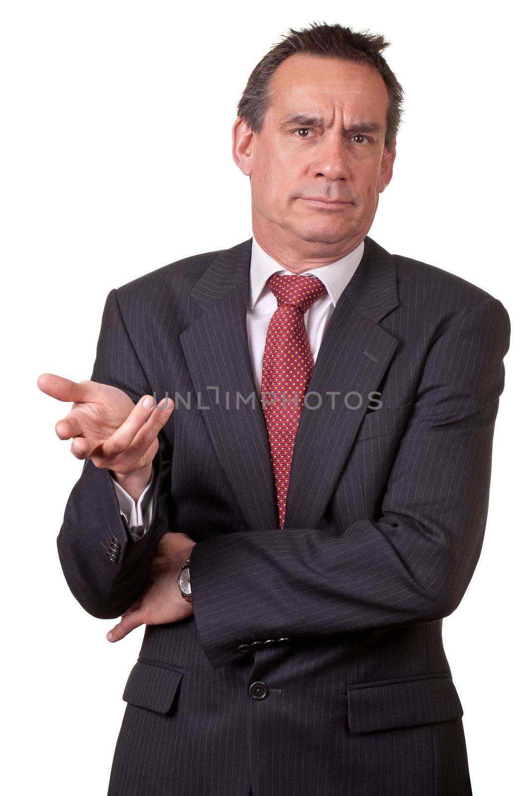 Annoyed Middle Age Business Man in Suit Gesturing with Hand by scheriton