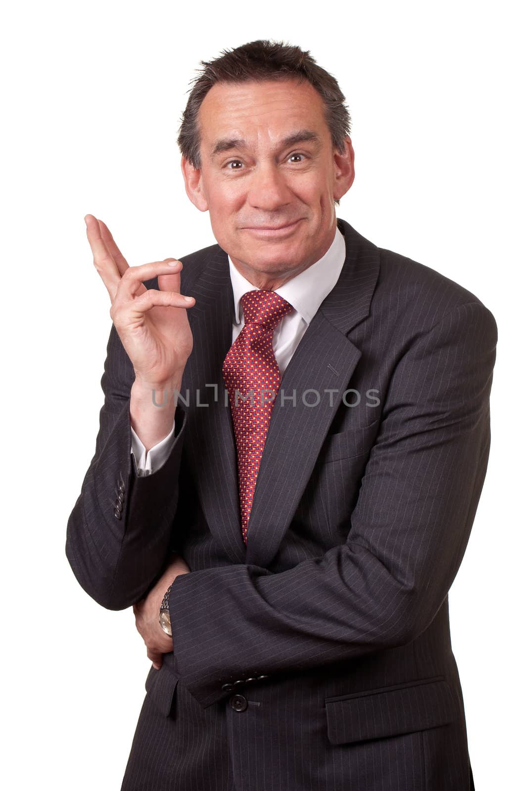 Attractive Grinning Middle Age Business Man in Suit about to Laugh Isolated
