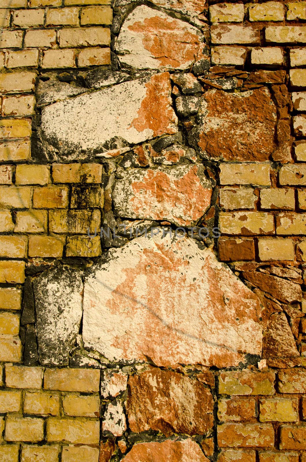 Interesting architecture wall of bricks cross sign by sauletas