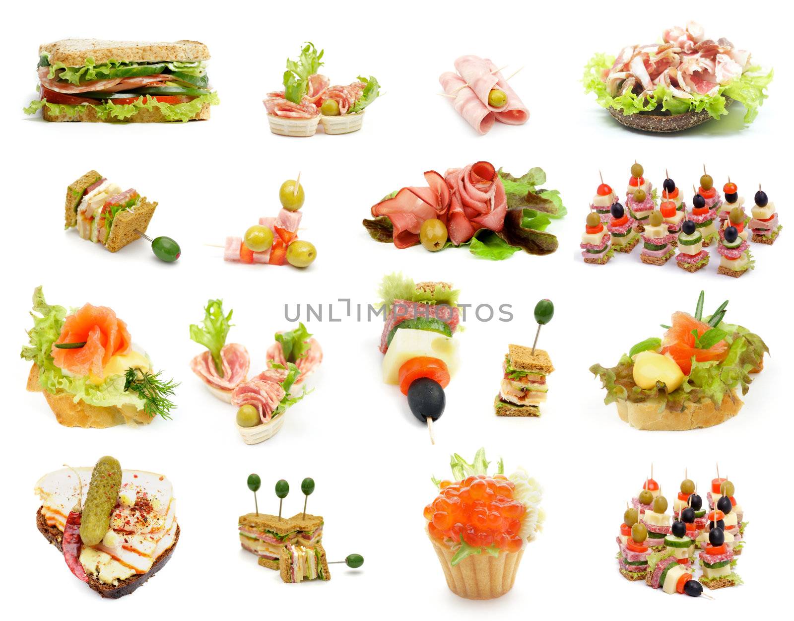 Collection of Various Snacks, Appetizers and Delicious Starters with Meat, Smoked Salmon, Greens, Vegetables, Olives and Red Caviar isolated on white background