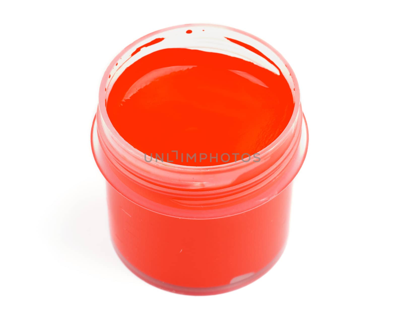 Container with Red Gouache Paint isolated on white background. Top View