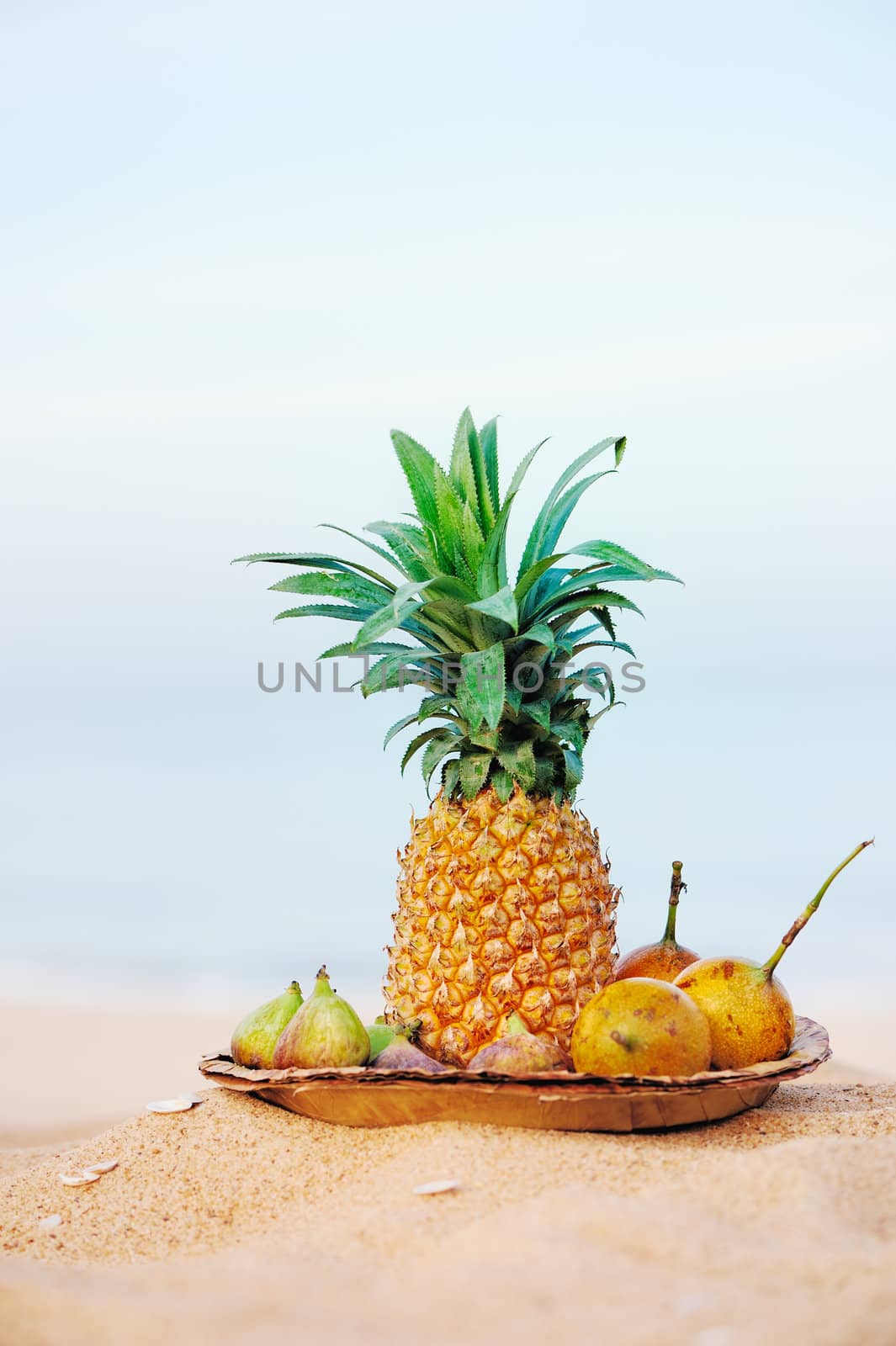 Pineapple and tropical fruit on the leaves plate