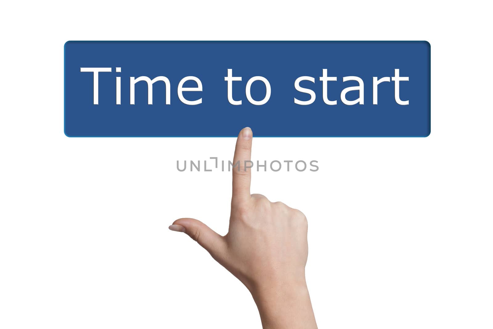 Woman hand pressing a button with word " Time to start " on white background