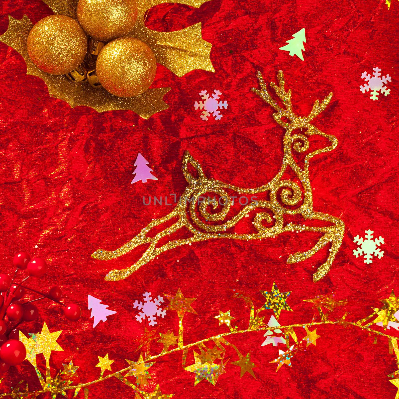 Christmas card background golden and red with baubles stars santa reindeer