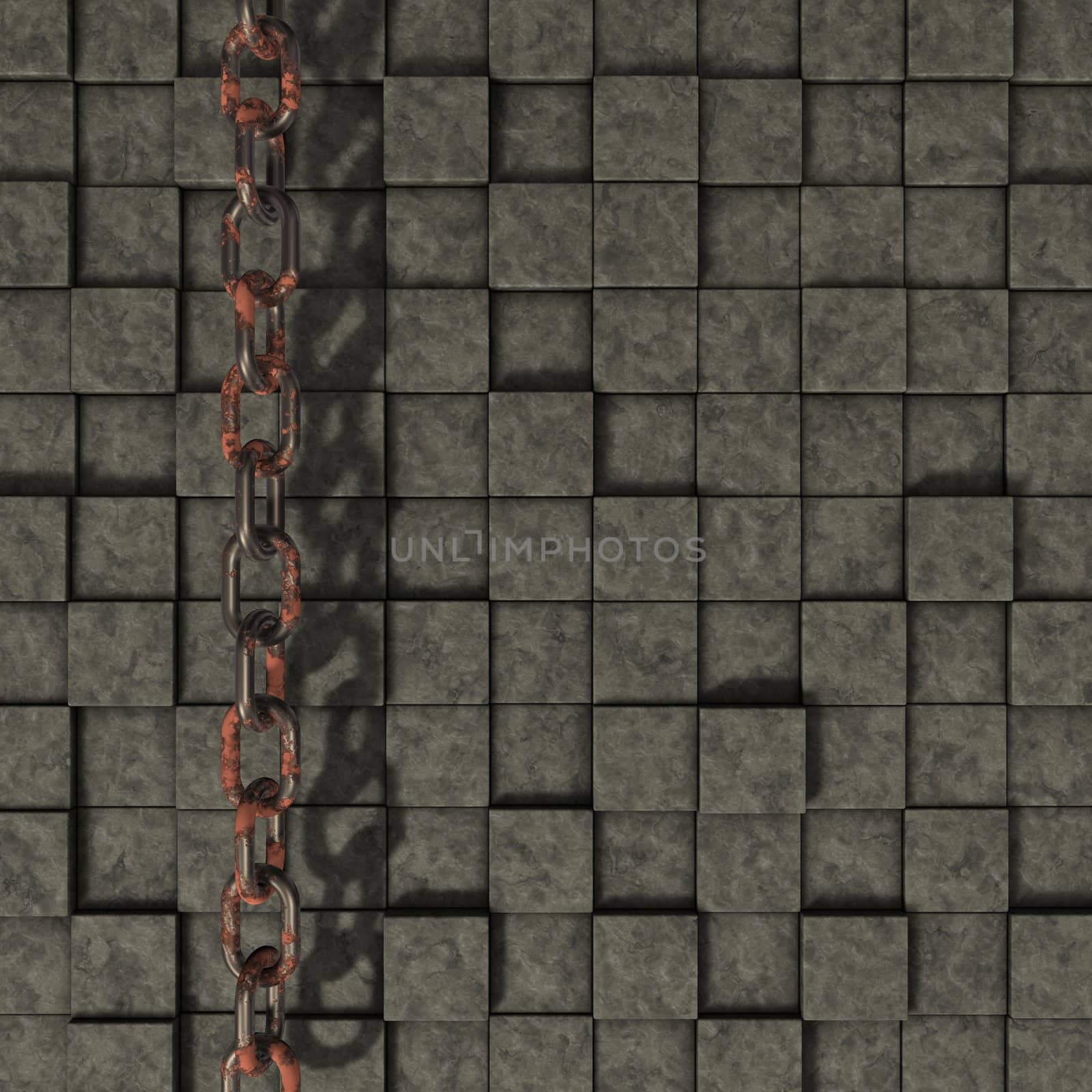 rusty metal chain on stone cubes background - 3d illustration