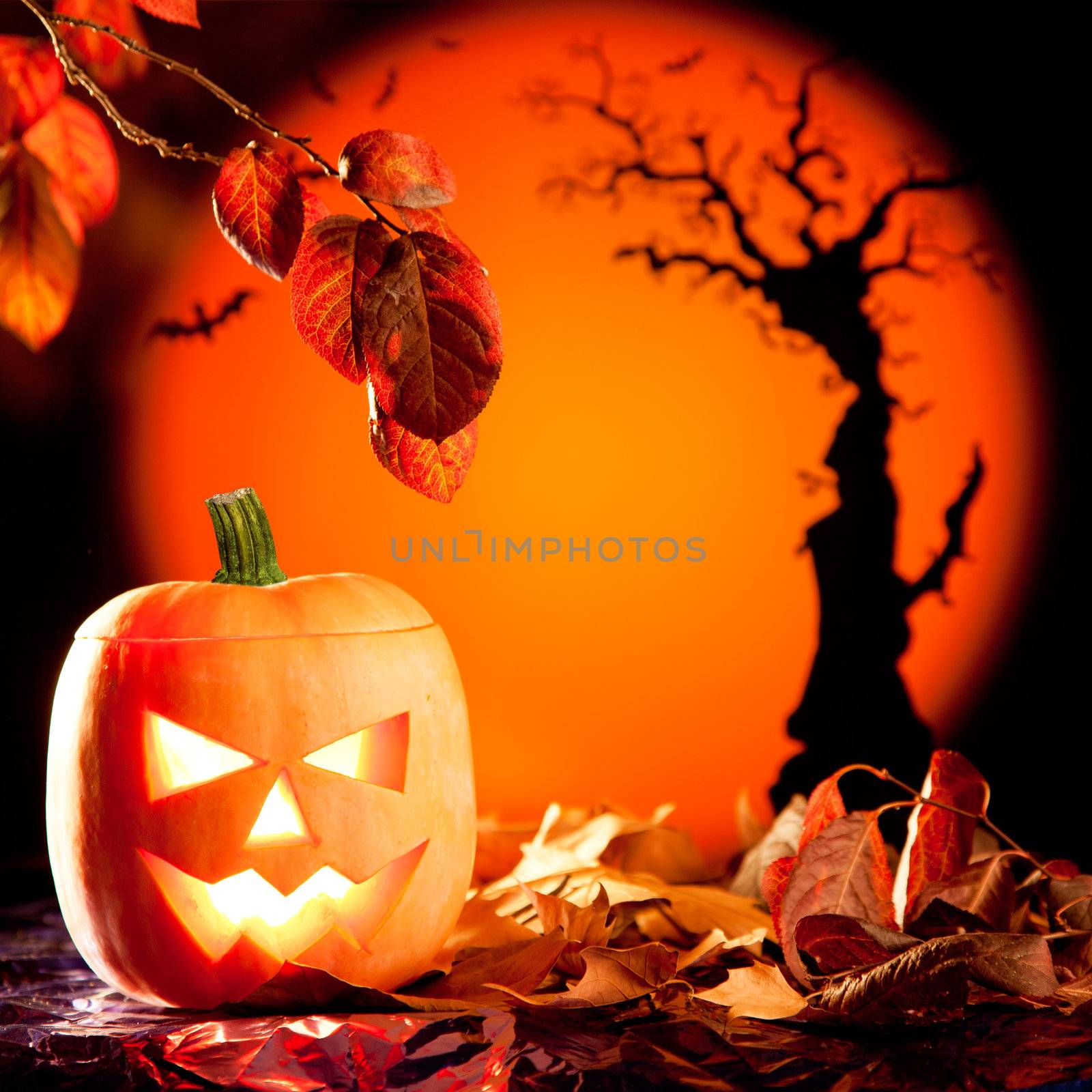 Halloween orange pumpkin lantern with autumn leaves