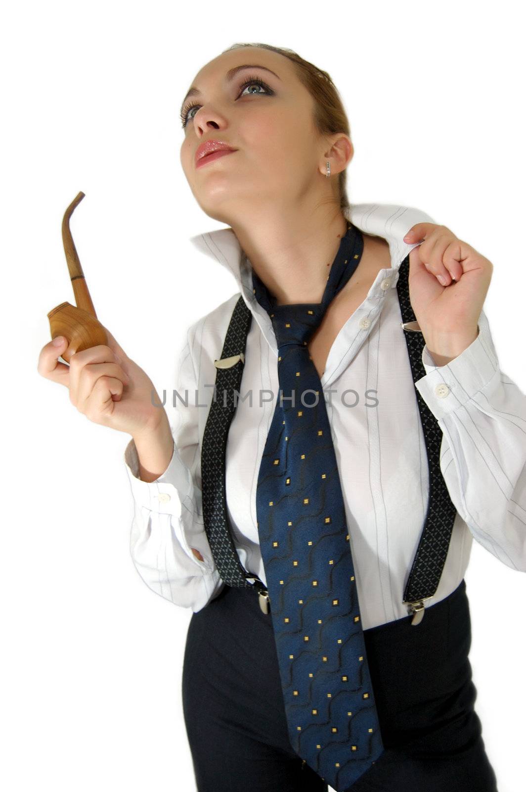 Girl in shirt and suspenders holding retro pipe, isolated on white